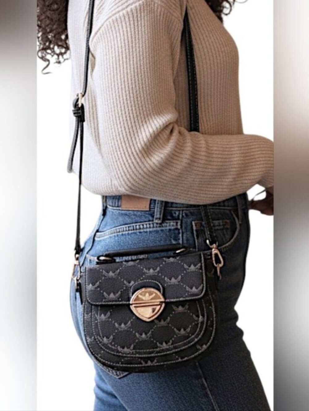 Wendy Keen Monogram Saddle Bag Crossbody - Black & White NWOT